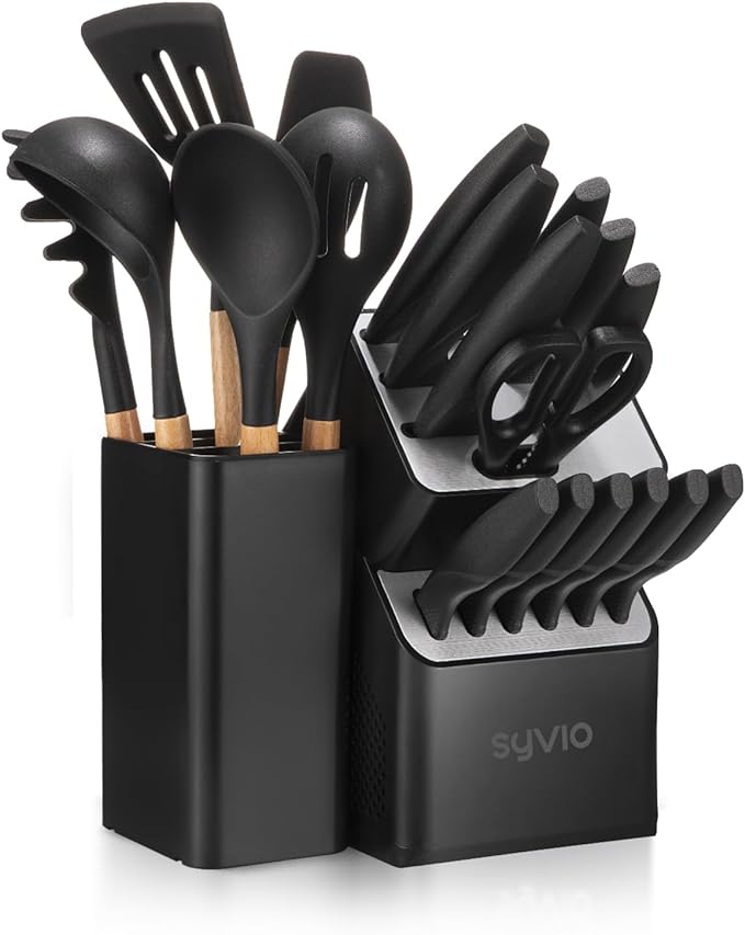syvio Knife Set, 21-in-1 Kitchen Set Black with 12PCS Kitchen Knife Set, 6PCS Cooking Utensils Set, 1PCS Utensil Holder, Kitchen Scissors and Ventilated Knife Block with Built-in Sharpener