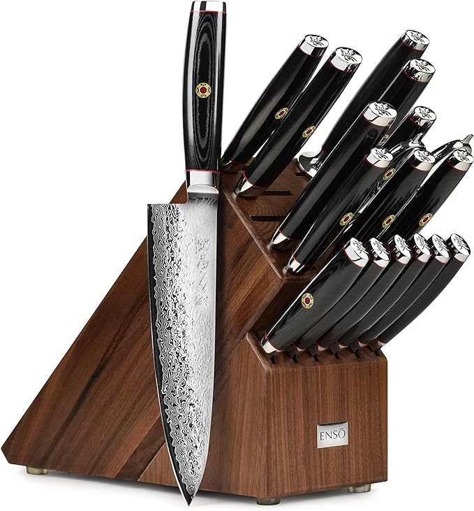 Enso SG2 18 Piece Knife Set - Made in Japan - 101 Layer Stainless Damascus with Walnut Knife Block