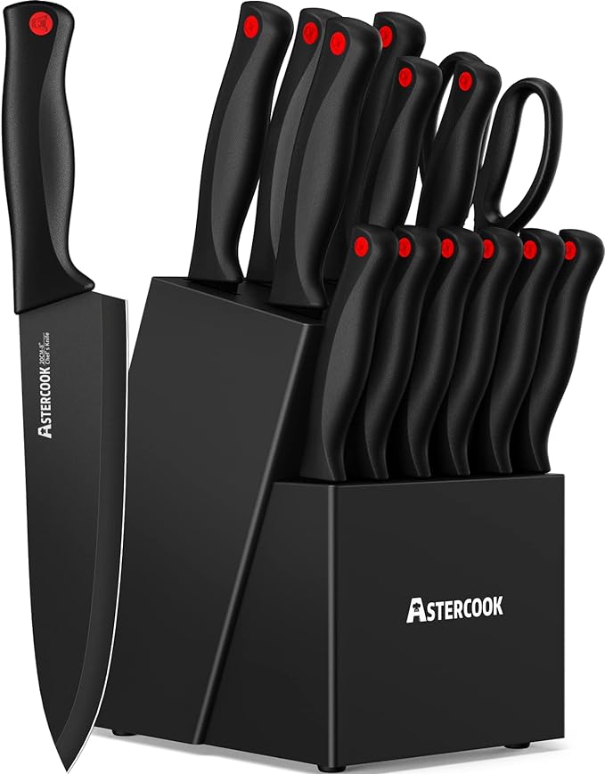 Knife Set, Astercook 15 Pieces Knife Sets for Kitchen with Block, Dishwasher Safe Kitchen Knife Set with Built in Sharpener Block, German Stainless Steel Knife Block Set, Black
