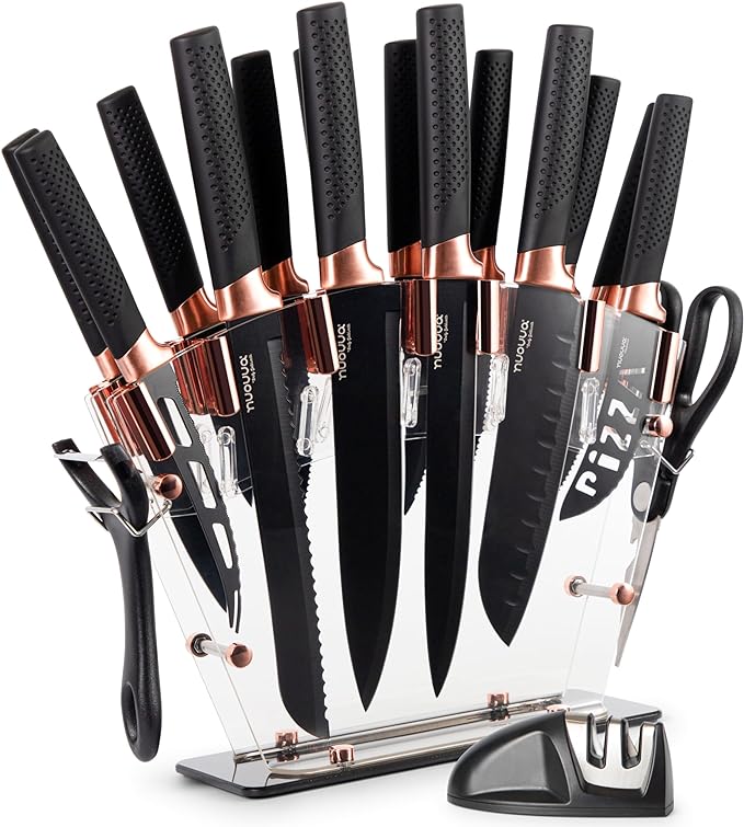 nuovva Professional Kitchen Knife Set with Block - Copper 17 Piece Knives Set With Steak Knives - Clear Acrylic Block High Carbon Stainless Steel Blades - With Knife Sharpener Peeler and Scissors