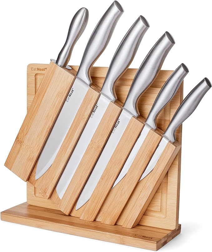 EatNeat Kitchen Knife Block Set - 8 Piece Stainless Steel Chef Knife Set with Bamboo Knife Block, Bamboo Cutting Board, Knife Sharpener, Kitchen Essentials, Knife Sets for Kitchen With Block