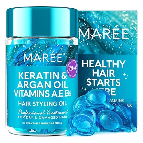 MAREE Hair Styling Oil - No Rinse Conditioner for Frizzy Dry & Damaged Hair - Keratin Treatment with Argan, Jojoba & Avocado Oils Vitamins A C E B5 - Leave-in Anti Frizz Hair Styling Oil - 30 Capsules