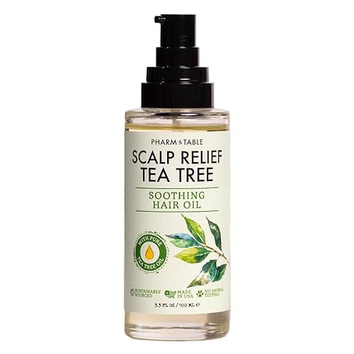 PHARM TO TABLE Scalp Relief Tea Tree Hair Oil for Itchy Scalp Relief - Infused With Pure Tea Tree Oil, Mint, Vitamin E and Jojoba Oil, 100ml
