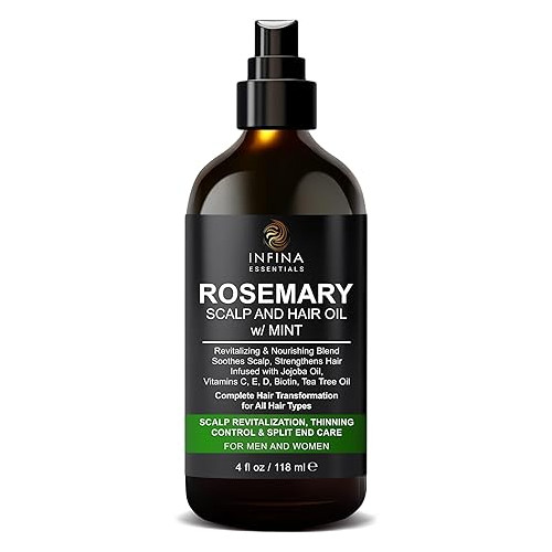 INFINA ESSENTIALS Rosemary Scalp & Hair Oil for Dry Damaged Hair and Growth w/Mint, Biotin, Tea Tree Oil & Coconut - Nourishing Treatment for Stronger Hair and Soothed Scalp, 4 fl oz