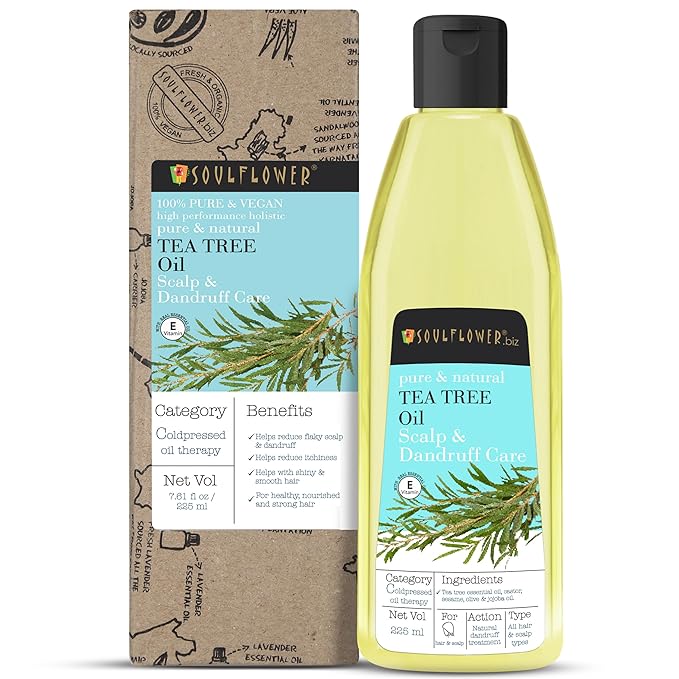 Soulflower Tea Tree Oil for Dandruff Control, Hair Loss Control, Hair and Scalp - Enriched With Tea Tree Essential Oil, 100% Pure, Organic, Natural, Coldpressed, Vegan - 7.6 fl oz