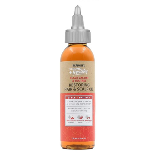 Dr. Miracle's Strong & Healthy Restoring Hair & Scalp Oil. Contains Black Castor Oil, Tea Tree Oil and Mango Butter providing 2x more moisture to prevent dry hair and scalp 4oz
