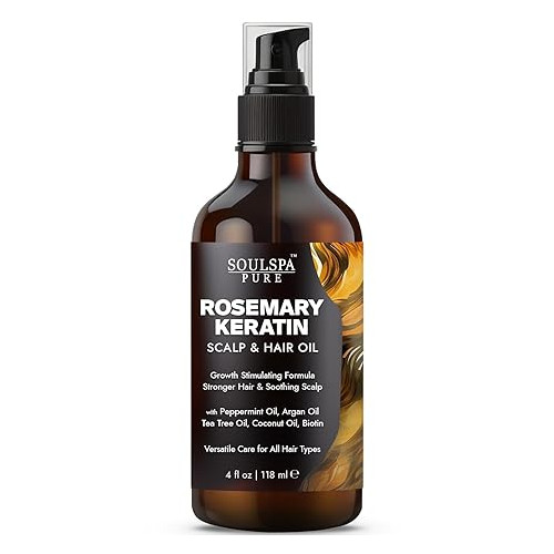 SOULSPA PURE Rosemary Scalp & Hair Oil - Keratin-Infused, Strengthens, Revitalizes & Promotes Hair Growth, Soothes Scalp - with Biotin, Peppermint Oil & Tea Tree Oil for Optimal Hair Care - 4 fl oz