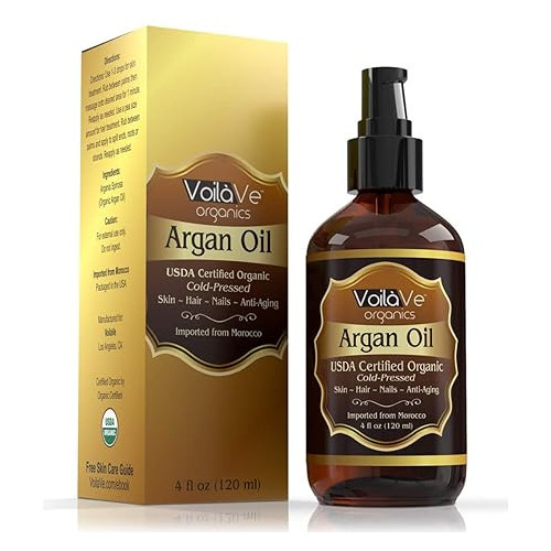 VoilaVe USDA and ECOCERT Pure Organic Moroccan Argan Oil for Skin, Nails & Hair Growth, Anti-Aging Face Moisturizer, Cold Pressed, Hair Moisturizer, Rich in Vitamin E, As Seen On TV - 4 fl oz