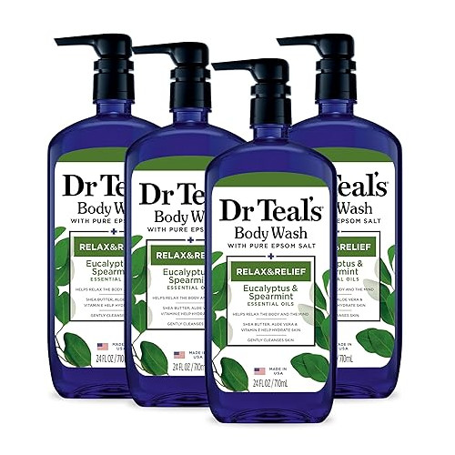 닥터틸즈 바디워시 Dr Teals Body Wash with Pure Epsom Salt, Relax & Relief with Eucalyptus & Spearmint, 24 fl oz (Pack of 4) (Packaging May Vary)