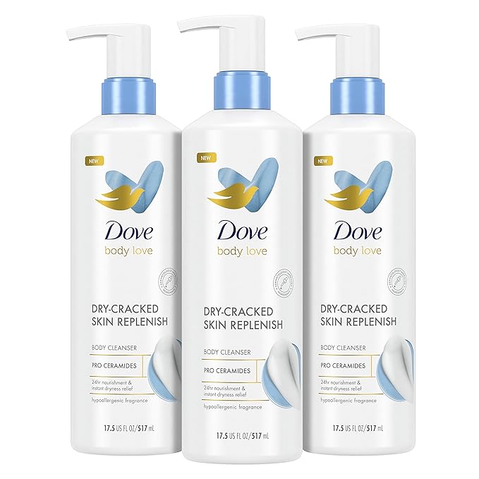 건조한 피부를 위한 도브 바디클린저 Dove Body Love Body Cleanser Body Wash 3 Count Dry-Cracked Skin Replenish Hypoallergenic for 24 Hour Nourishment & Instant Dryness Relief with Pro Ceramides 17.5 FO