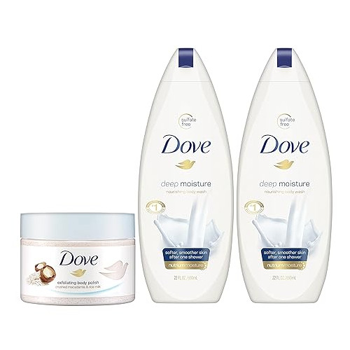 Dove Body Wash and Body Polish, Exfoliate and Deep Moisture, 3 Piece Set