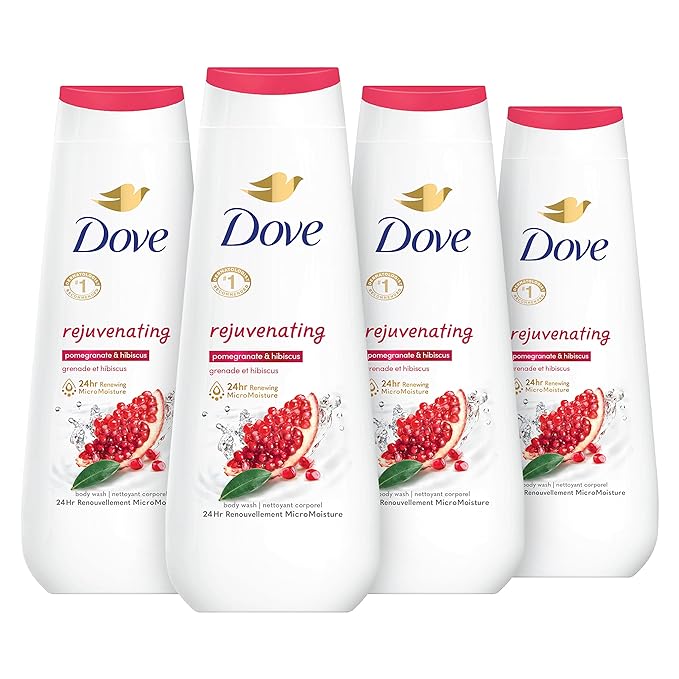 Dove Body Wash Rejuvenating Pomegranate & Hibiscus 4 Count for Renewed, Healthy-Looking Skin Gentle Skin Cleanser with 24hr Renewing MicroMoisture 20 oz