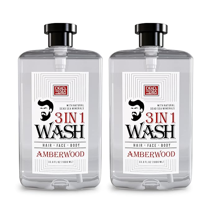 Dead Sea Collection 3 In 1 Body Wash For Men With Natural Amber Wood Oil – All In One Soap For Men – Shampoo, Face Wash, Shower Gel For All Skin Type - Moisturizing Body Wash, 33.8 Fl Oz (2-pack)