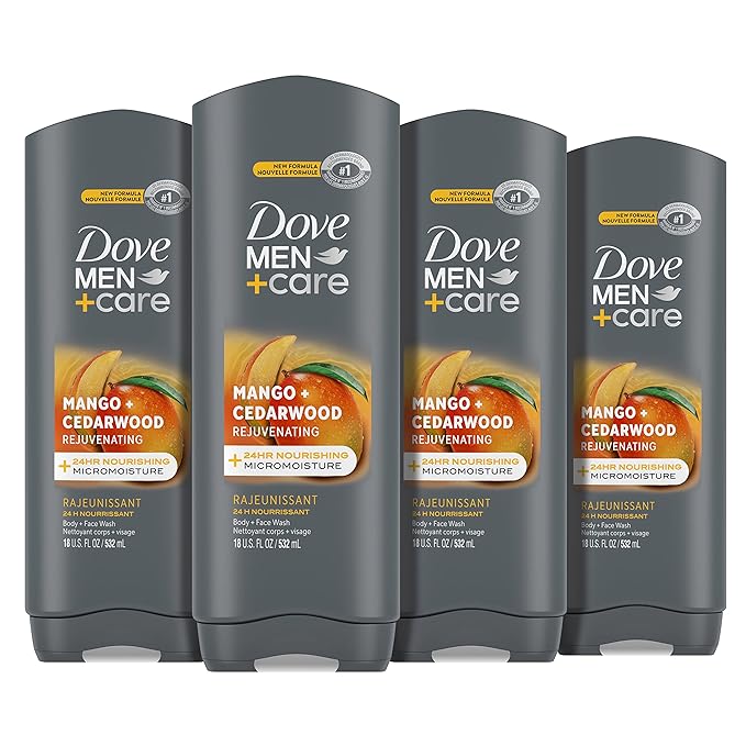도브 맨+케어 바디워시 DOVE MEN + CARE Body Wash Rejuvenating Mango + Cedarwood 4 Count for Men with 24-Hour Nourishing Micromoisture Technology 18 oz
