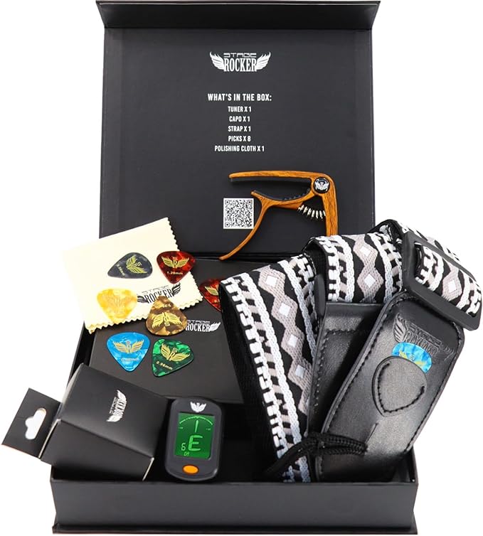 Stage Rocker Guitar 악세사리 선물 Box Acoustic Electric Guitars Premium Strap Picks Capo Tuner a CR2032 battery included Cleaning Cloth 5-in-1 Essential Holidays