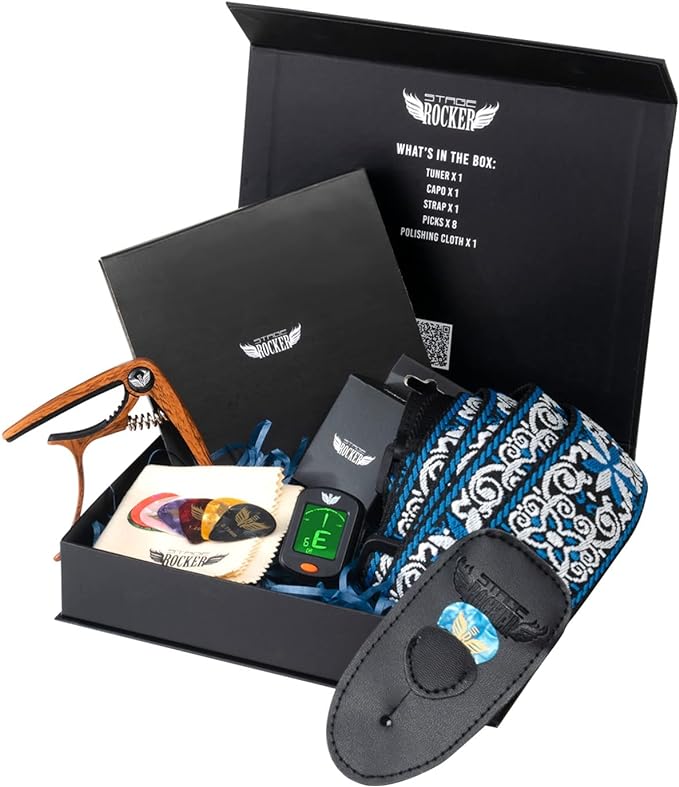 Stage Rocker Guitar 악세사리 선물 Box Acoustic Electric Guitars Premium Strap Picks Capo Tuner a CR2032 battery included Cleaning Cloth 5-in-1 Essential Holidays