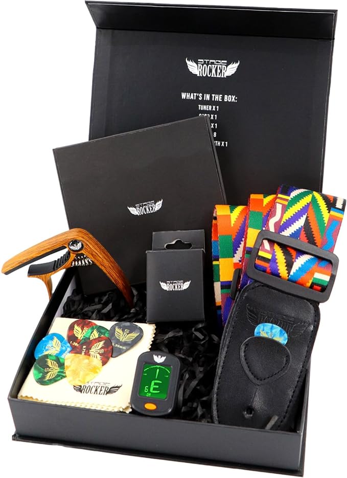 Stage Rocker Guitar 악세사리 선물 Box Acoustic Electric Guitars Premium Strap Picks Capo Tuner a CR2032 battery included Cleaning Cloth 5-in-1 Essential Holidays