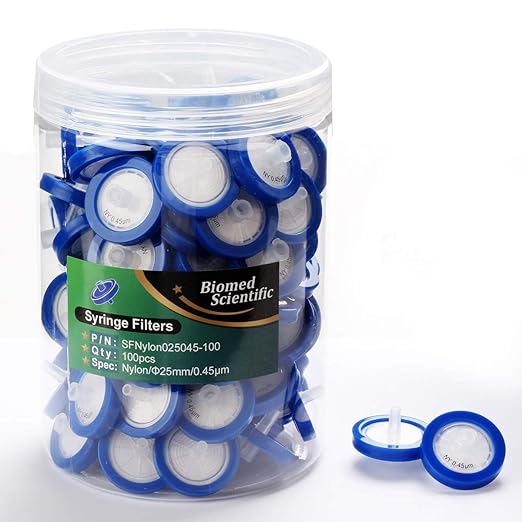 Syringe Filters Nylon 25mm Diameter 0.45um Pore Size Non Sterile Pack of 100 by Biomed Scientific