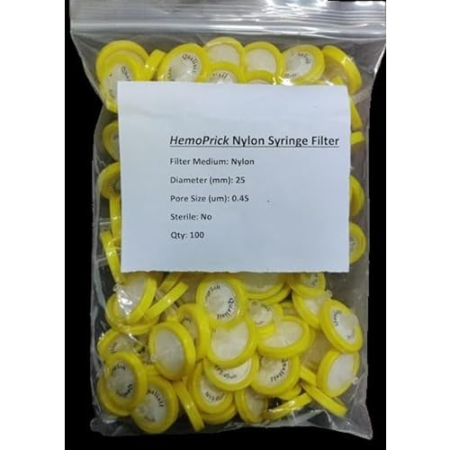 HemoPrick 100 pcs Syringe Filter, Syringe Lab Filters, Nylon Hydrofilic Membrane 25 mm Diameter 0.45 um Pore Size,Non Sterile Filtration, (Yellow)