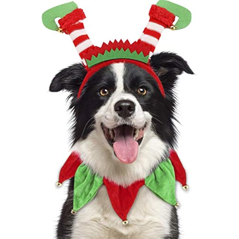 Dog Christmas Outfit Pet Elf Headband Xmas Tutu Collar