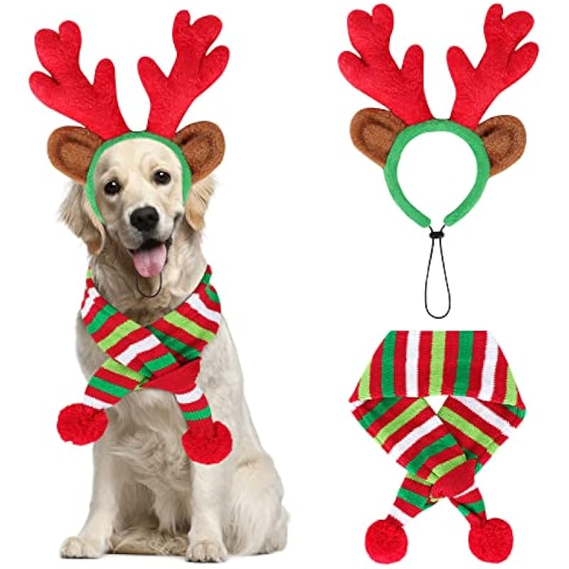 BWOGUE Dog Christmas Reindeer Elk Antlers Headband Red-White-Green Striped Scarf Set Pet Costume Costumes Accessories Dogs Cats