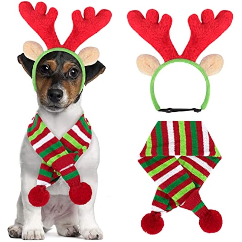 BWOGUE Dog Christmas Reindeer Elk Antlers Headband Red-White-Green Striped Scarf Set Pet Costume Costumes Accessories Dogs Cats