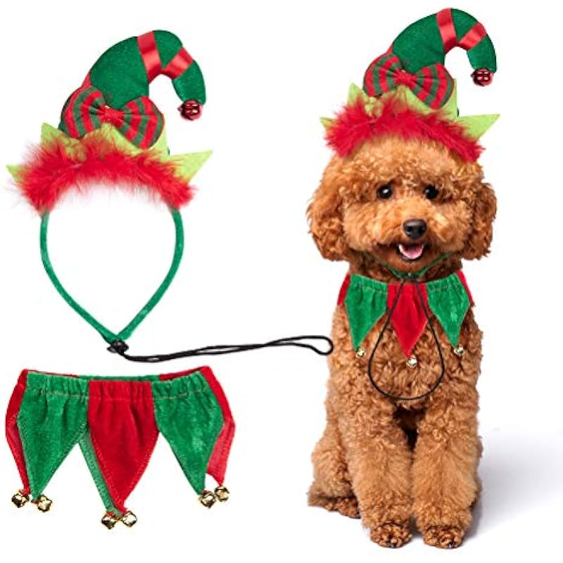 PAWCHIE Dog Christmas Outfit - Elf Hat Dogs Collar Bell Set Costume Small Santa Claus Cats