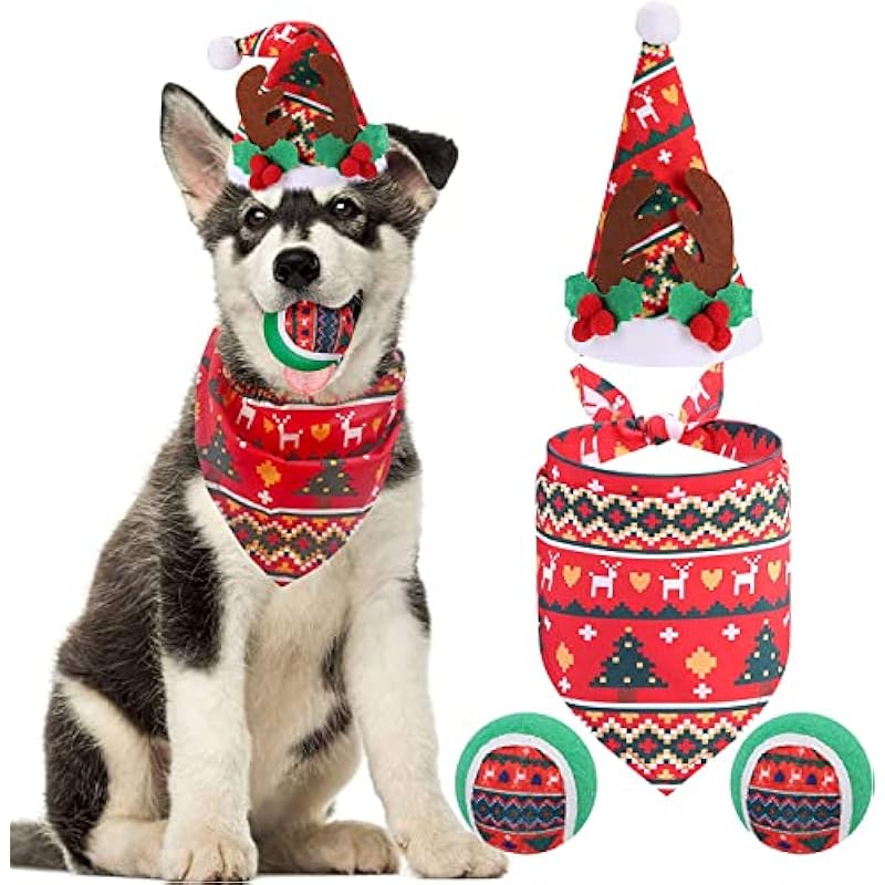 PAWCHIE Christmas Dog Costume - Outfit Santa Hat Bandana Tennis Balls Xmas Triangle Bib Scarf Squeaky Toys Accessories Small Medium Dogs