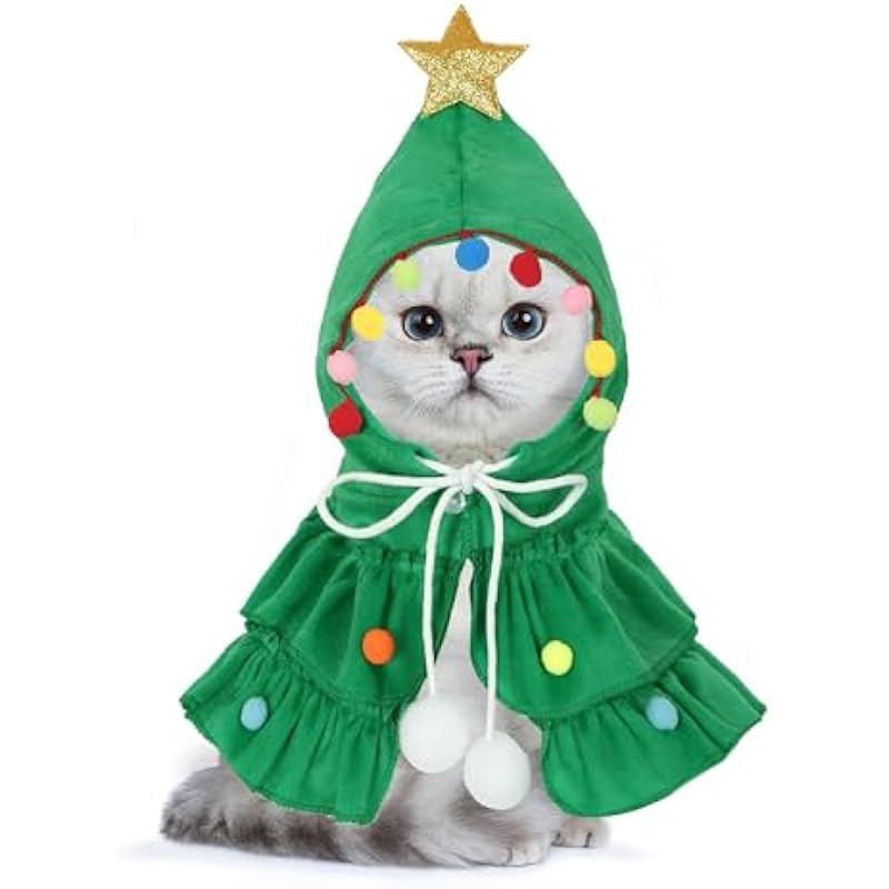 Cat Christmas Costumes Green Pet Cloak Hat Star Pompoms Puppy Cape Clothes Xmas Tree Elf Costume Party Outfit Supplies Accessories Small Dogs Cats Santa Presents